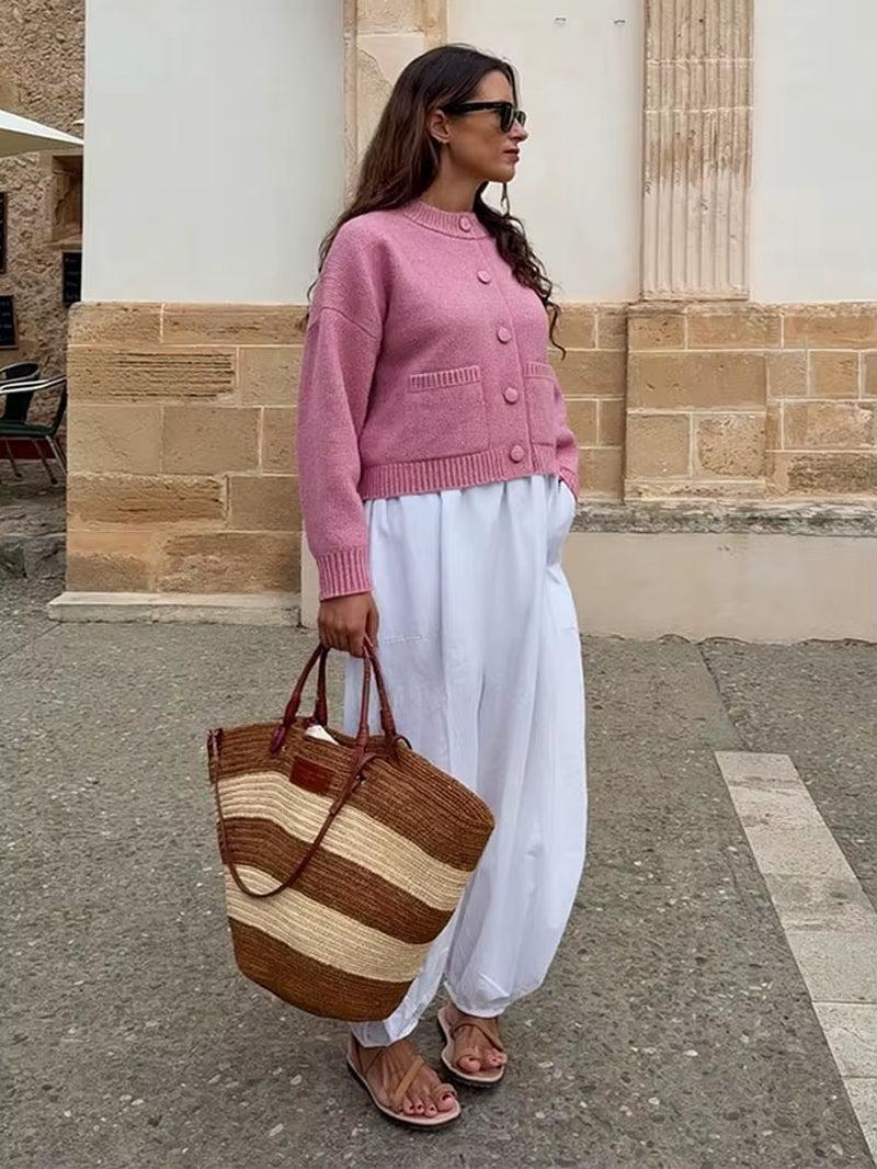Casual Solid Knitted Sweater Women Street Single Breasted O-Neck Full Sleeve Loose Open Stitch Female 2025 Autumn Lady Knitwear