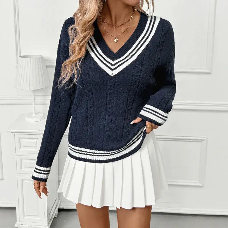 Pullovers Women Striped Sweater Knit V Neck Jumpers Casual Preppy Long Sleeve Elegant Lady Knitted Sweaters Autumn Winter