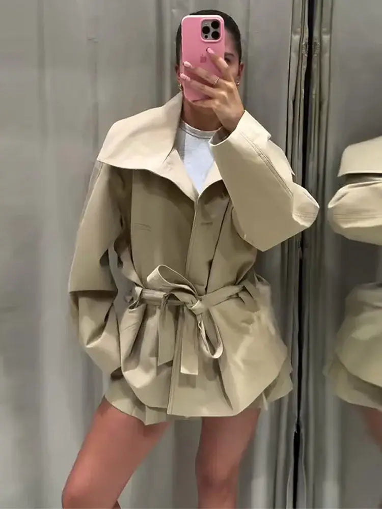Belted Waist Cropped Trench Double Breasted Stand Collar 2025 Autumn Chic Elegant Women Coat Casual Vintage Office Lady Jacket