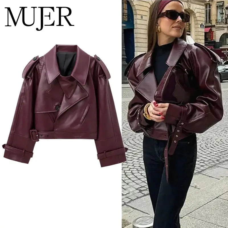 Faux Leather Bomber Jackets for Women Fashion Cropped Jacket Woman Streetwear Outerwears Long Sleeve Jacket Women Coats