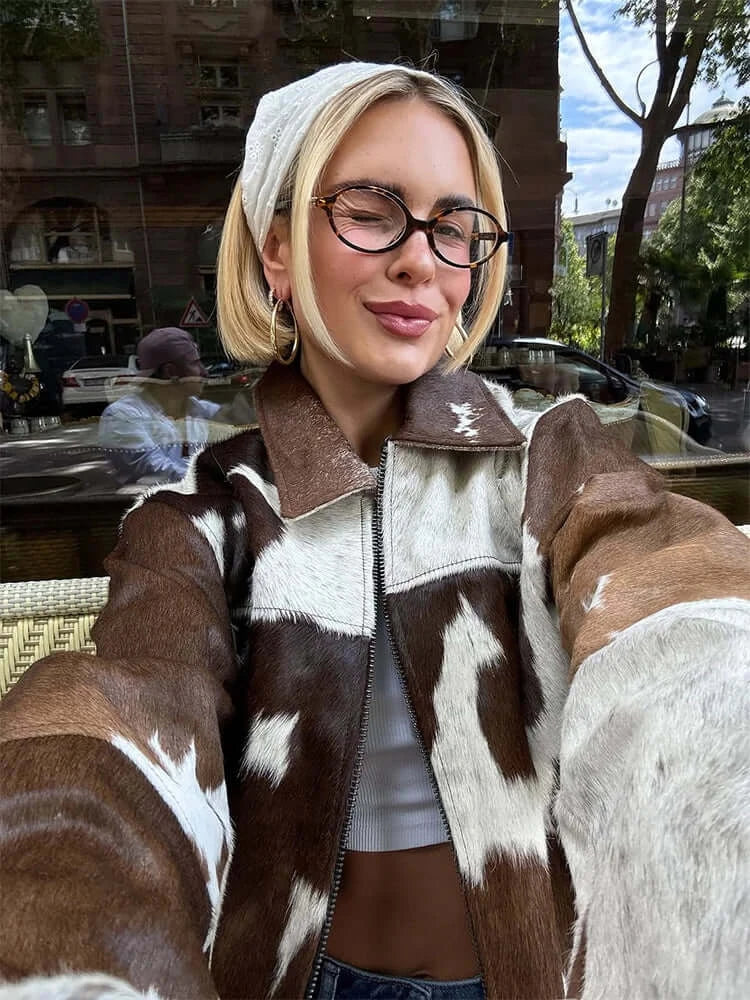 Cow Print Jackets Women Loose Standneck Zipper Long Sleeves Coats Female 2025 Autumn Winter Chic Fashion High Street Outwears