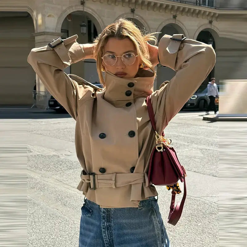 Belted Waist Cropped Trench Double Breasted Stand Collar 2025 Autumn Chic Elegant Women Coat Casual Vintage Office Lady Jacket