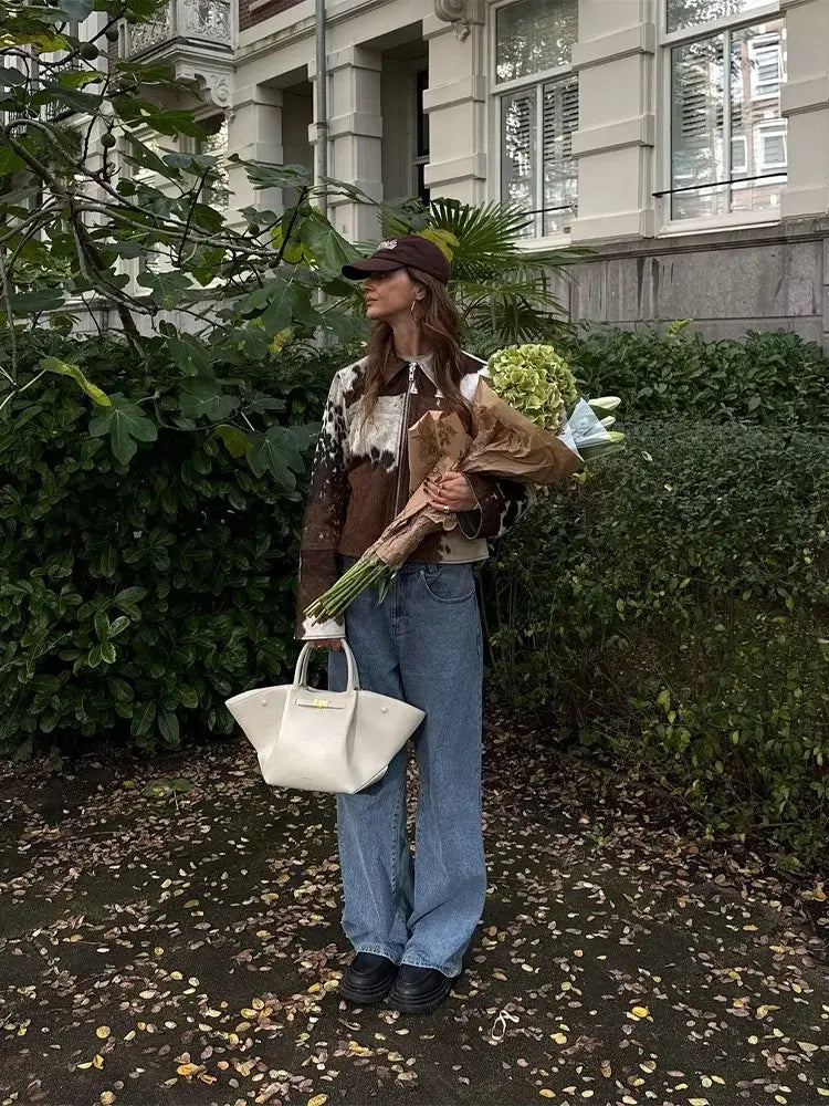 Cow Print Jackets Women Loose Standneck Zipper Long Sleeves Coats Female 2025 Autumn Winter Chic Fashion High Street Outwears