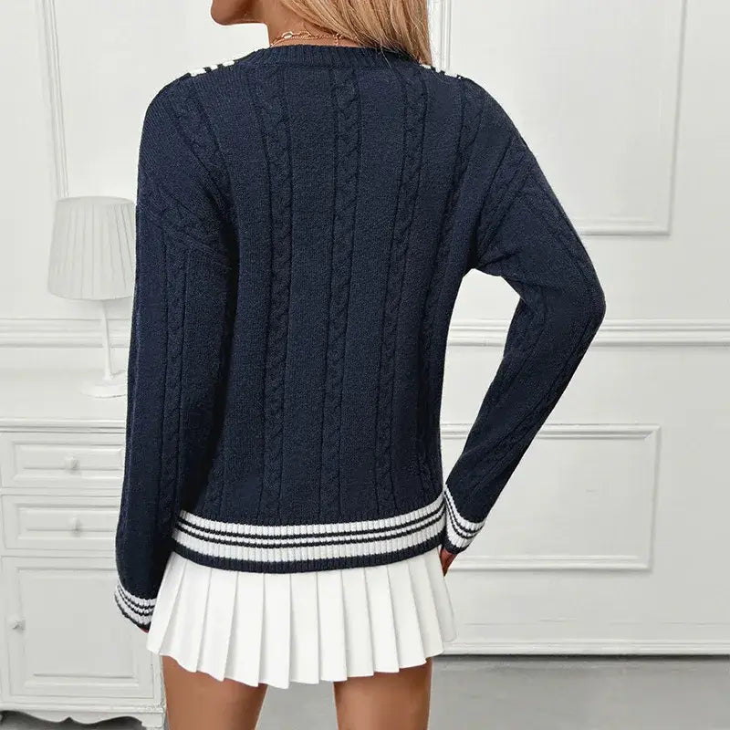 Pullovers Women Striped Sweater Knit V Neck Jumpers Casual Preppy Long Sleeve Elegant Lady Knitted Sweaters Autumn Winter back view.