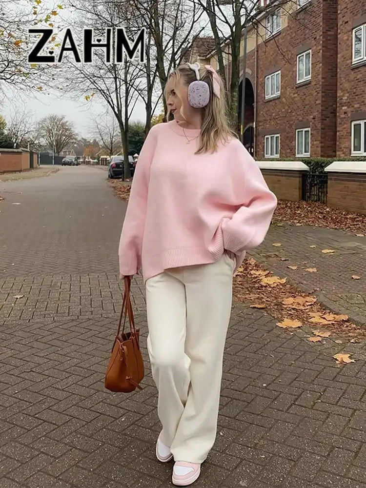 Elegant Solid Knitted Sweater Women Loose Long Sleeve O-Neck Oversize Pullover Female 2025 Autumn Fashion All-Match Sweater Lady