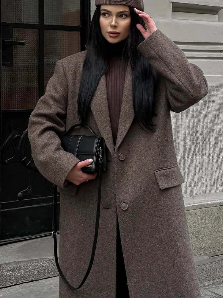 Elegant Women's Brown Wool Blend Overcoat with Shoulder Pads, Single-Breasted Long Sleeve Design for Autumn 2025 Commuter Wear