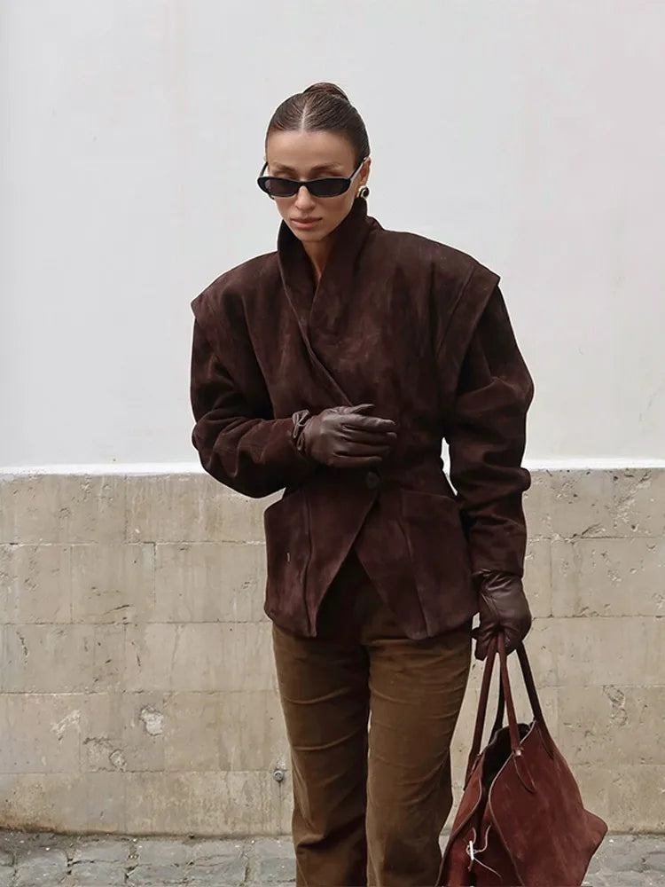 Brown Single Breasted Suede Jacket Women'S Fashion Full Sleeve Buckle Lapel Slim Shoulder Pad Coat Lady High Streetwear 2025 New