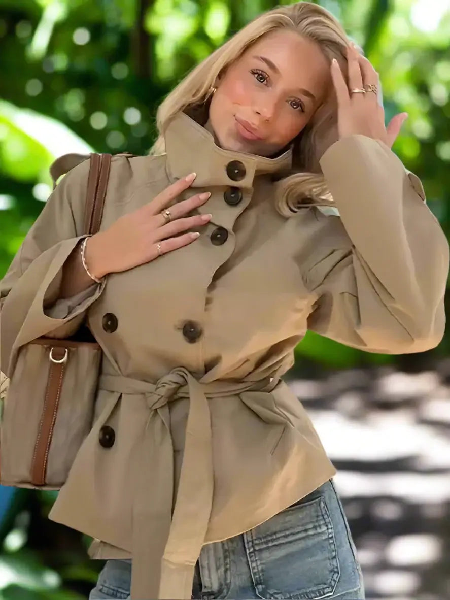 Belted Waist Cropped Trench Double Breasted Stand Collar 2025 Autumn Chic Elegant Women Coat Casual Vintage Office Lady Jacket