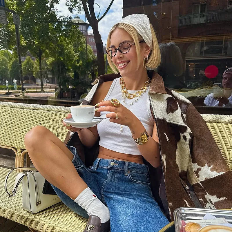 Cow Print Jackets Women Loose Standneck Zipper Long Sleeves Coats Female 2025 Autumn Winter Chic Fashion High Street Outwears