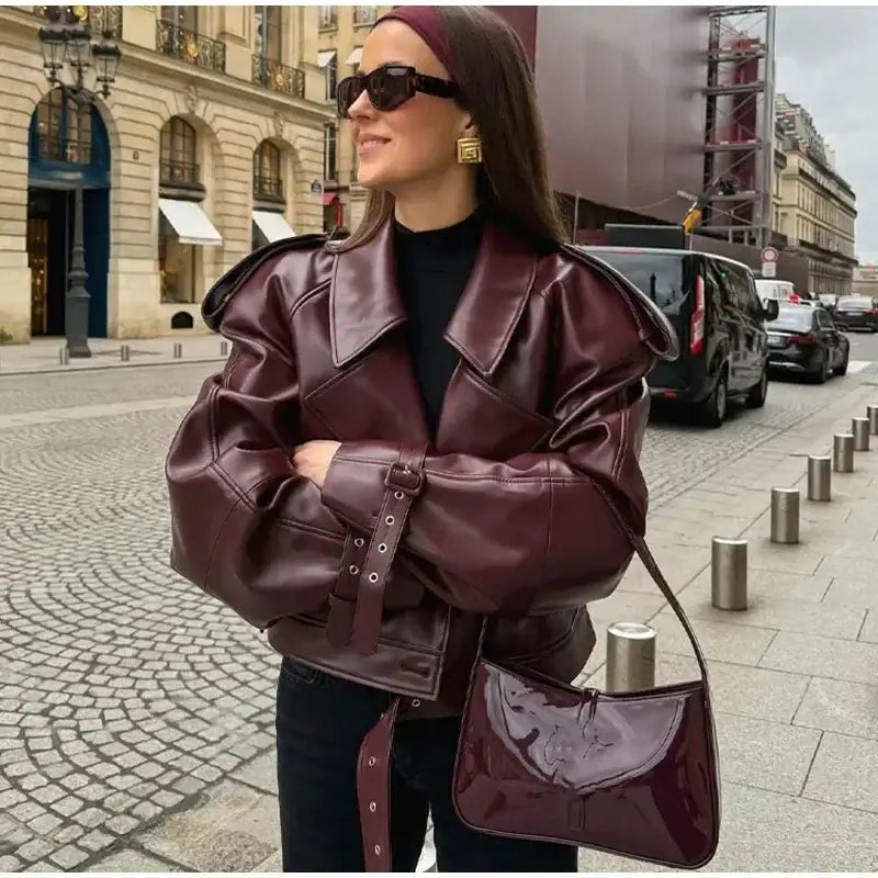 Faux Leather Bomber Jackets for Women Fashion Cropped Jacket Woman Streetwear Outerwears Long Sleeve Jacket Women Coats