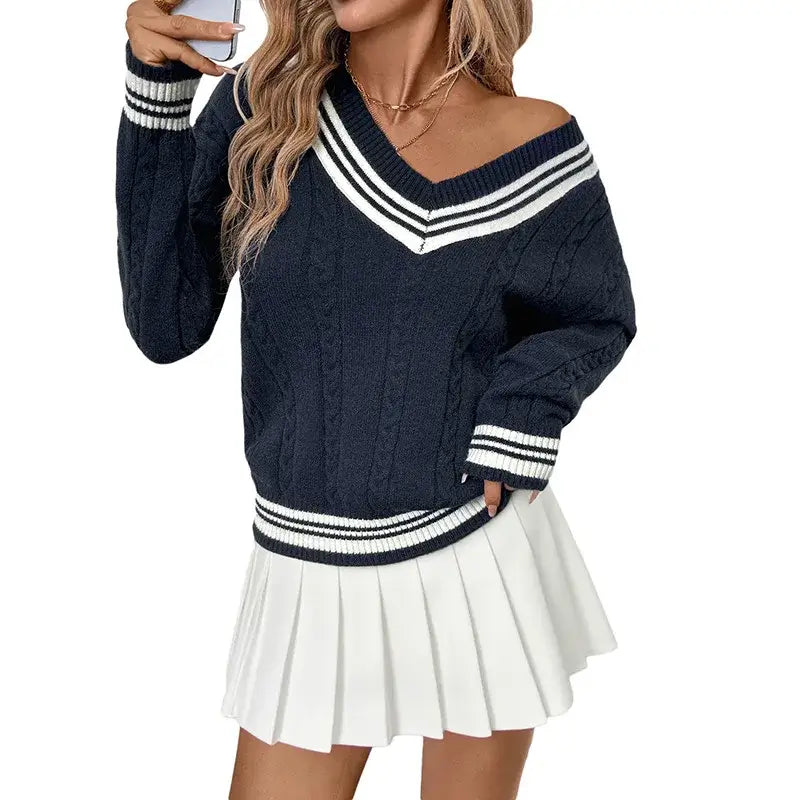 Pullovers Women Striped Sweater Knit V Neck Jumpers Casual Preppy Long Sleeve Elegant Lady Knitted Sweaters Autumn Winter