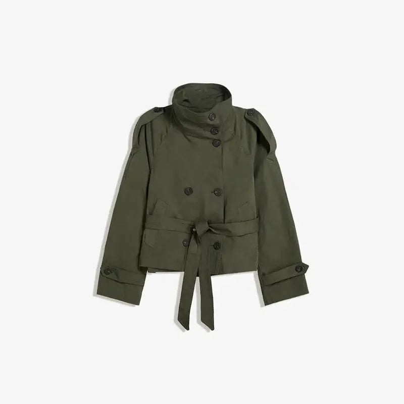 Belted Waist Cropped Trench Double Breasted Stand Collar 2025 Autumn Chic Elegant Women Coat Casual Vintage Office Lady Jacket