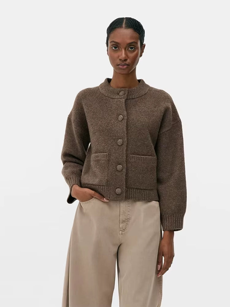Casual Solid Knitted Sweater Women Street Single Breasted O-Neck Full Sleeve Loose Open Stitch Female 2025 Autumn Lady Knitwear.